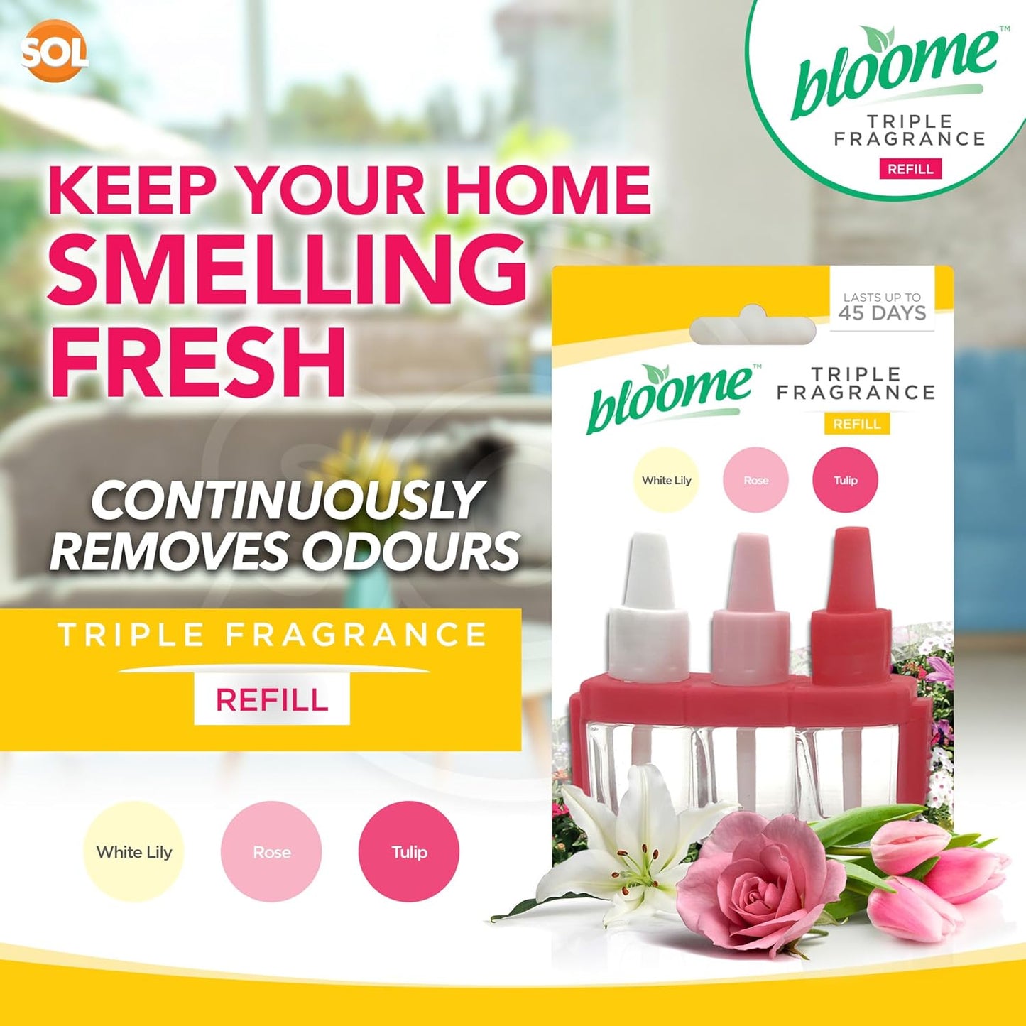 Bloome Air Freshener Triple Fragrance Oil Plug In Refill - White Lily / Rose / Tulip (3Volution Compatible)