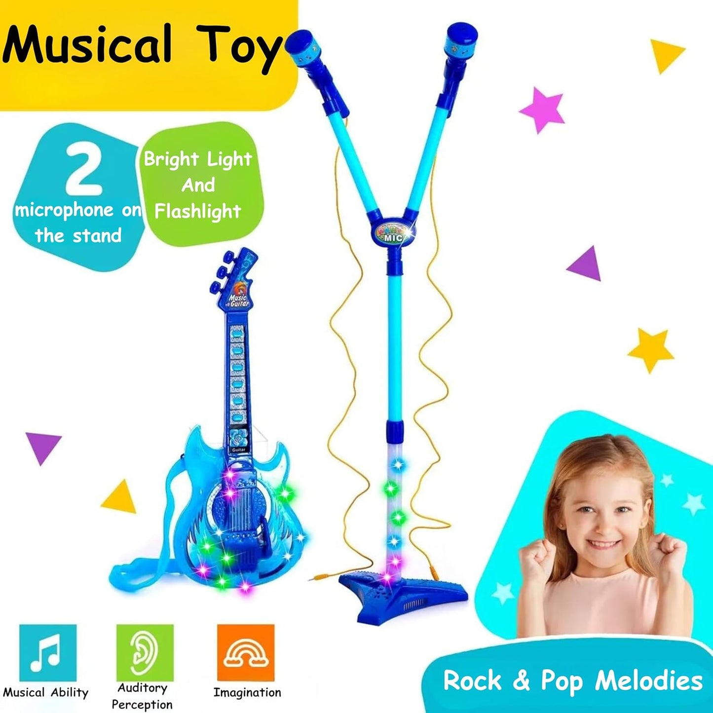 Kids Musical Dual Microphone & Guitar with Stand Music Player Singing Toy - Blue