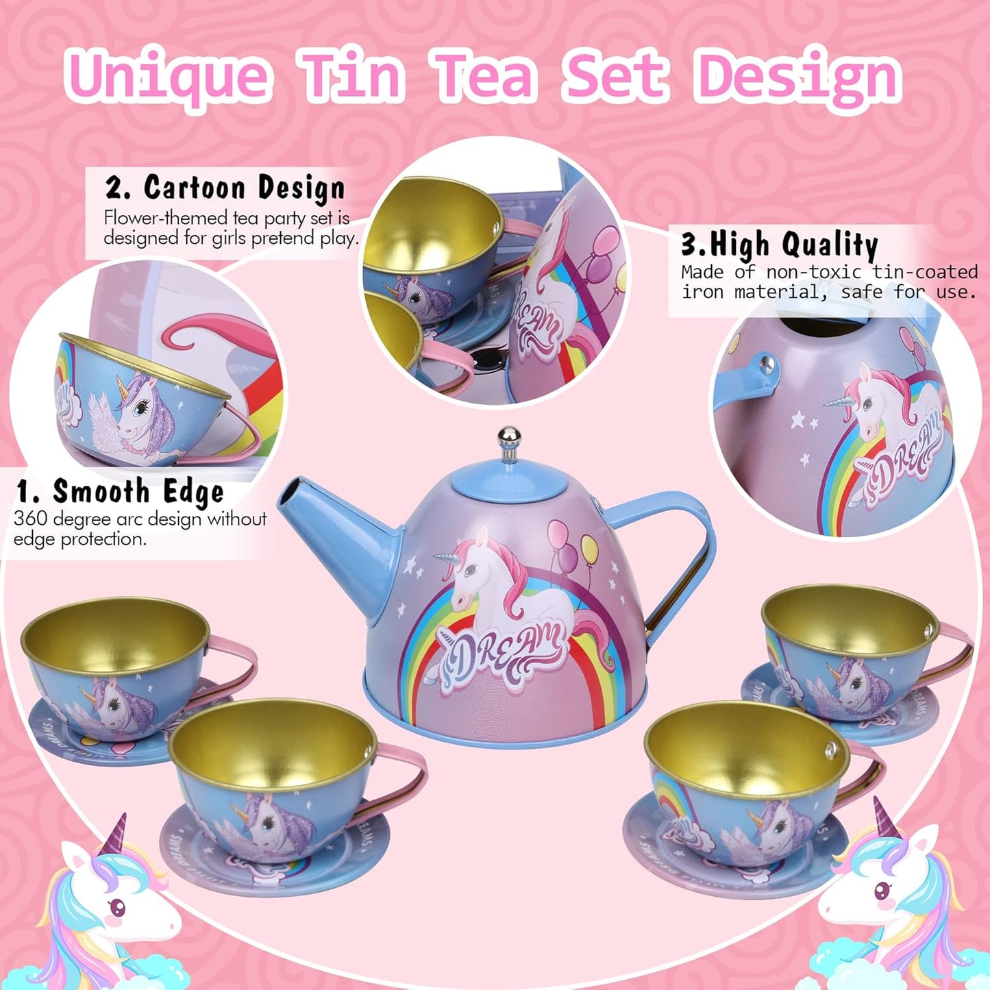 Unicorn Rainbow Style Complete Metal Tea Set 15 Pieces