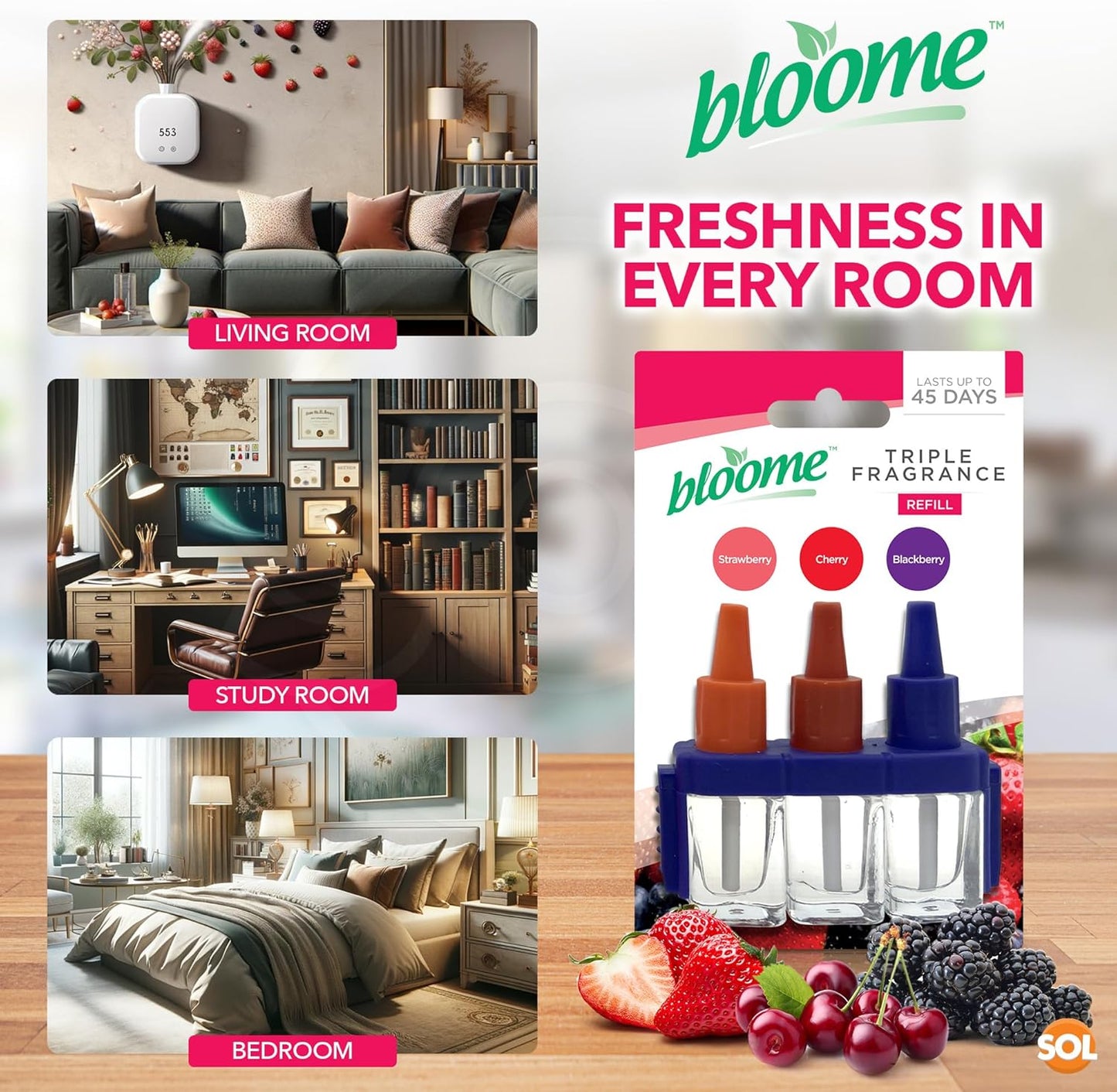 Bloome Air Freshener Triple Fragrance Oil Plug In Refill - Strawberry / Cherry / Blackberry (3Volution Compatible)