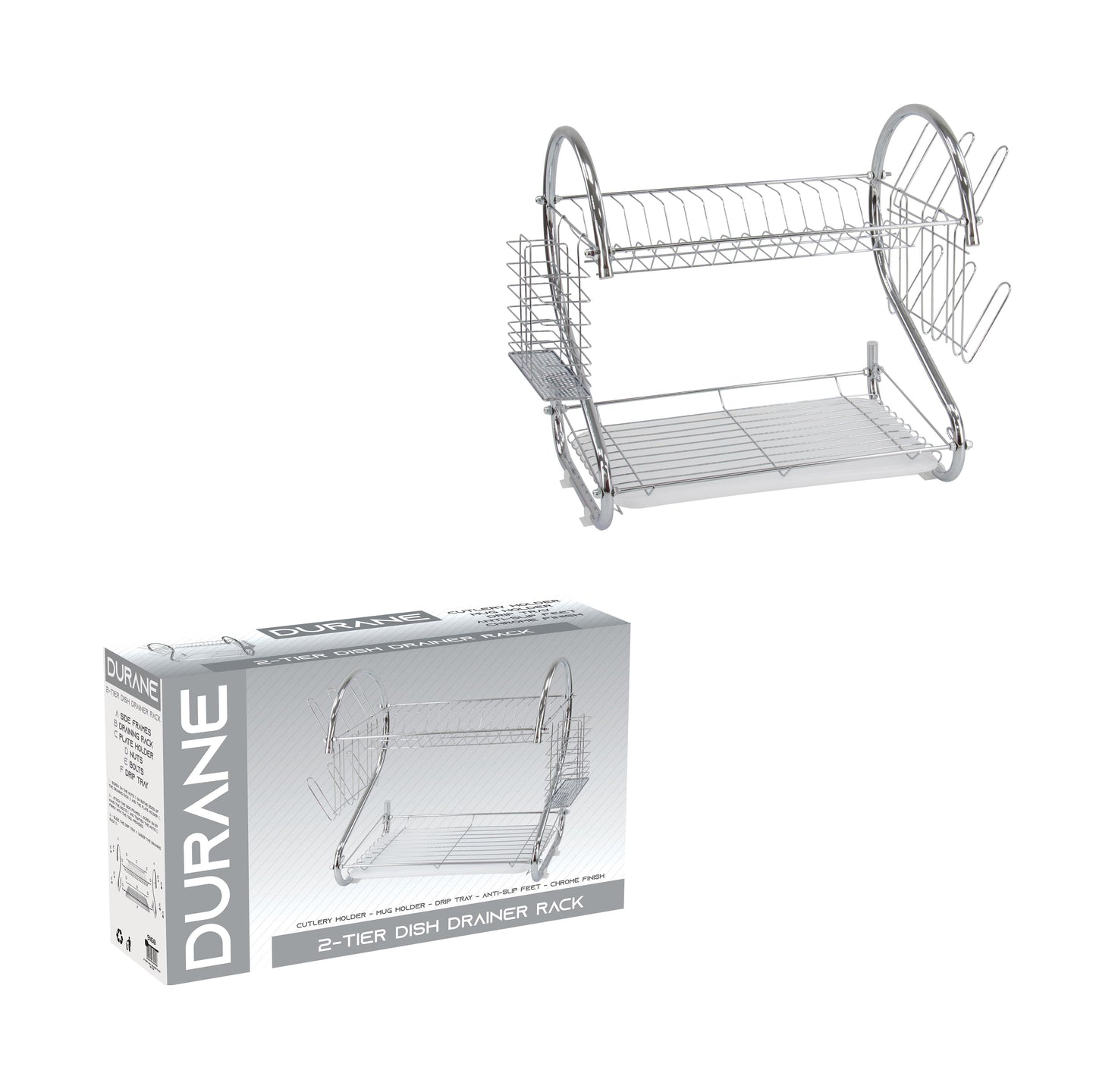 2 Tier Dish Drainer Rack With Cutlery Rack Holds Plates Mugs Cups Anti Slip Chrome Finish 9168