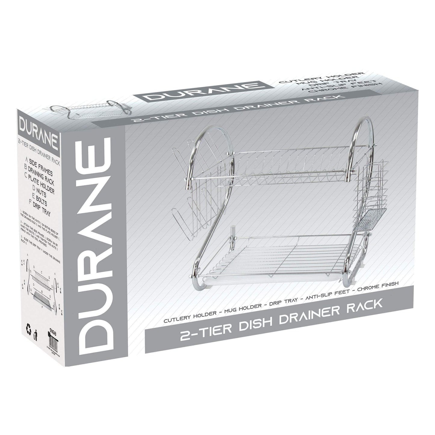 2 Tier Dish Drainer Rack With Cutlery Rack Holds Plates Mugs Cups Anti Slip Chrome Finish 9168