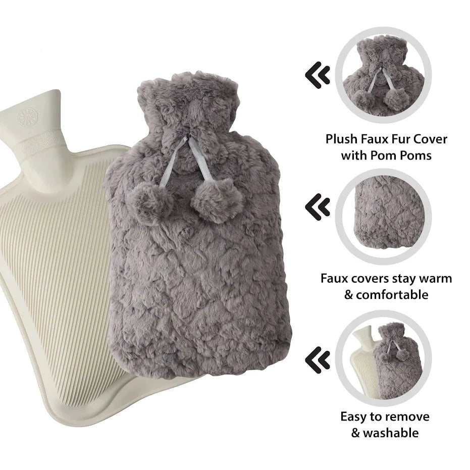 DGI Hot Water Bottle With Faux Fur Cover & Pom Poms 2 Litre 9242 A