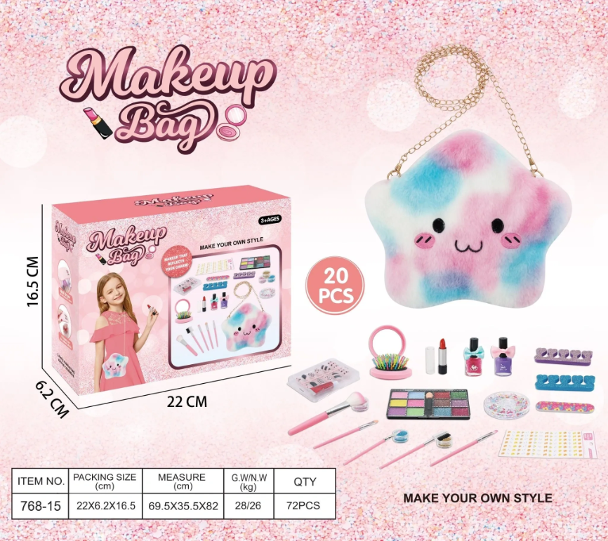 Girls 20 Piece Pretend Play Make Up Set with Fluffy Star Carry Bag Case