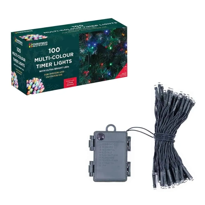 100 LED Battery Operated Timer Christmas Fairy Tree Decorative Lights - Multi Colour