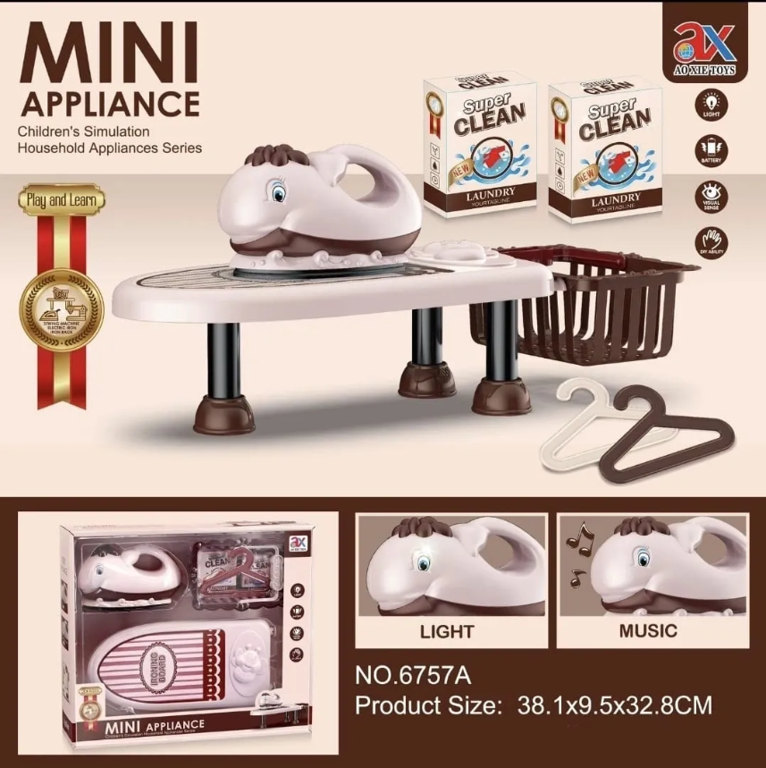 Mini Iron & Ironing Board Set Kids Home Appliances Simulation Toys Pretend Play with Sound & Lights