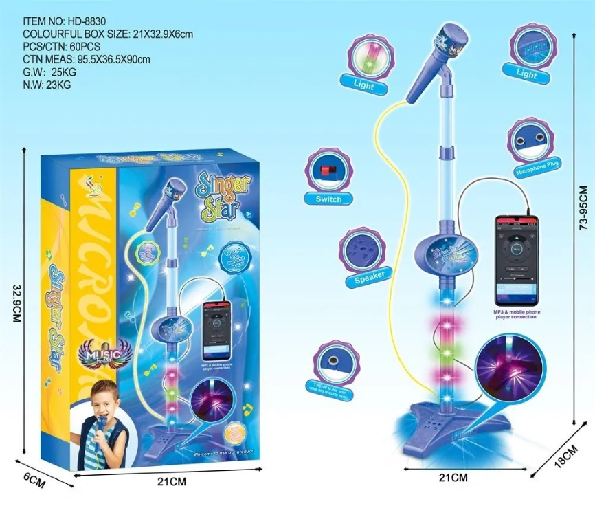 Kids Karaoke Light Up Microphone & Stand - Blue