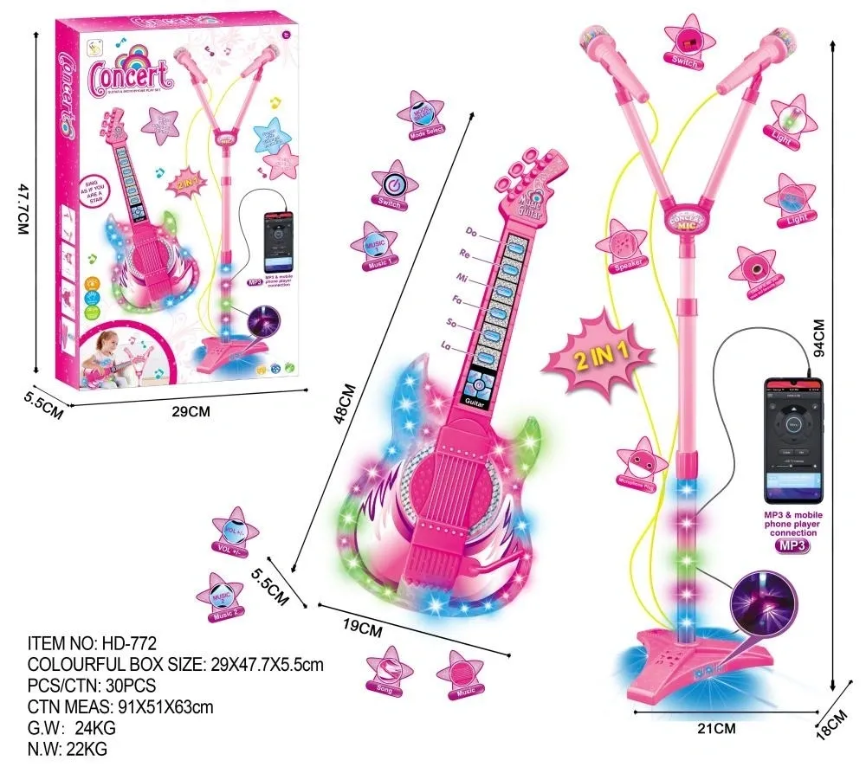 Kids Musical Dual Microphone & Guitar with Stand Music Player Singing Toy - Pink