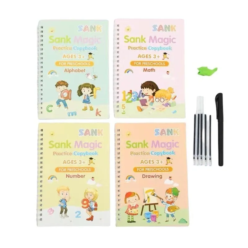 Educational Practice Copybooks including Pen, 10 Refills, Grip and 4 Pack of Books - Numbers, Drawing, Alphabet, Maths