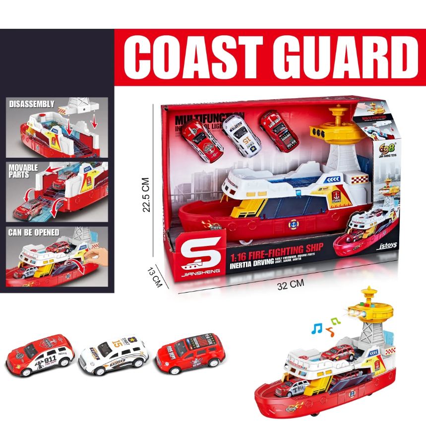 Coast Guard Fire Rescue Boat With Lights & Sound Light Up Boat Toy with 3 Toy Cars
