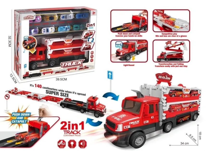 2 in 1 Fire Rescue Transporter Truck With Fire Rescue Vehicles, 140cm Spread Size