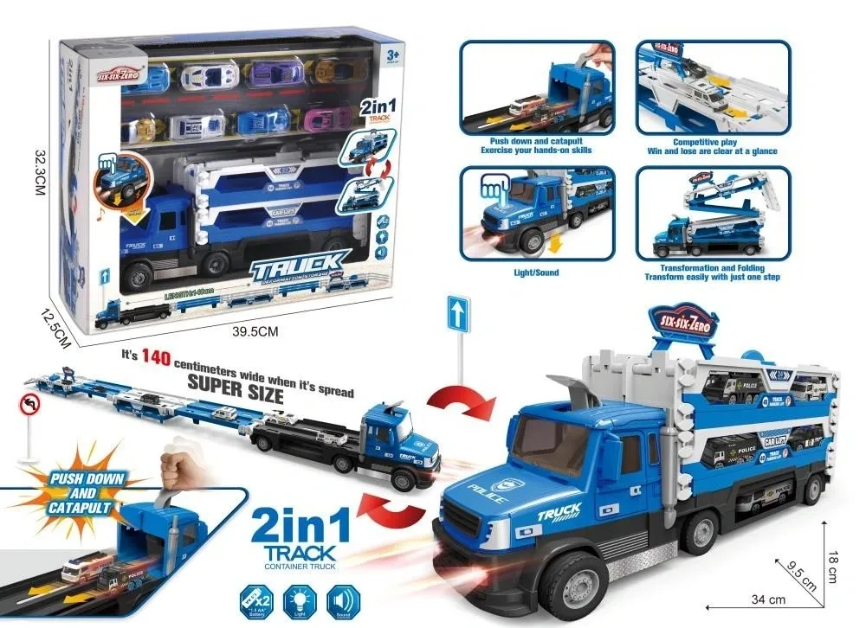 2 in 1 Police Transporter Truck With Police Vehicles, 140cm Spread Size