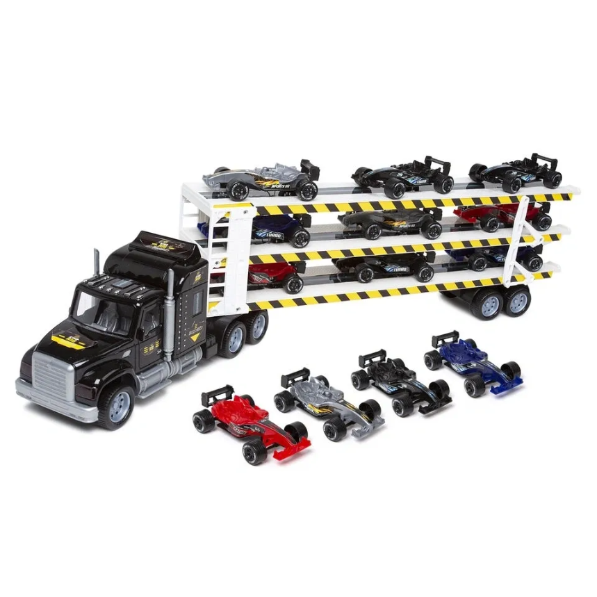 Mega Rig Friction Powered Transporter Trailer Truck with 9 Track Racer Cars