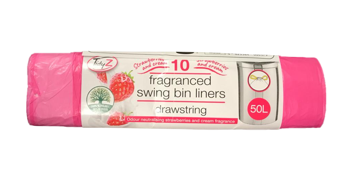 Strawberry And Cream Fragranced Drawstring Pedal Bin Bag Liners With Drawstring 50L Roll Of 10