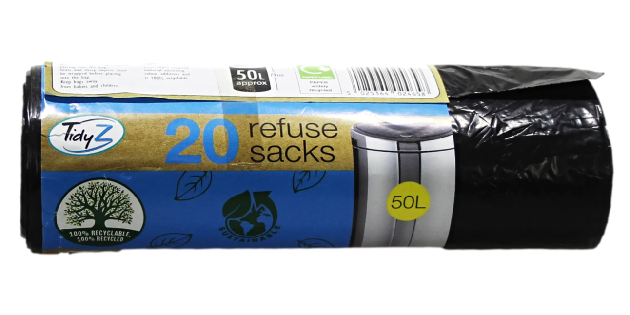 Refuse Sacks Bin Bags 50L 120 x 79cm Roll of 20 B0234