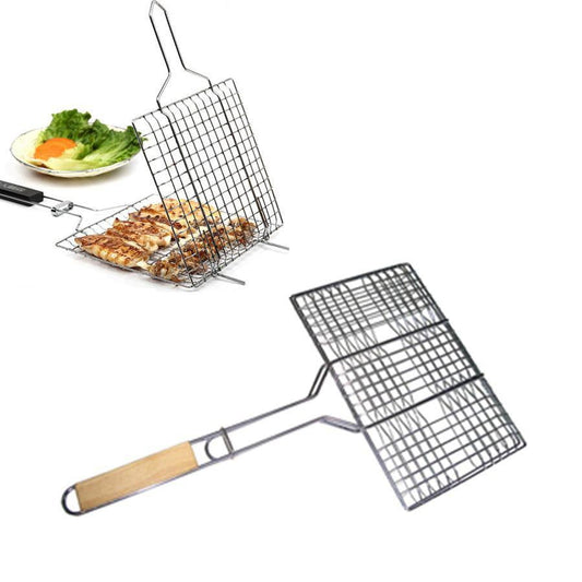 Metal Meat Fish Roasting BBQ Basket Grill with Wooden Handle 30 x 40 cm 5136