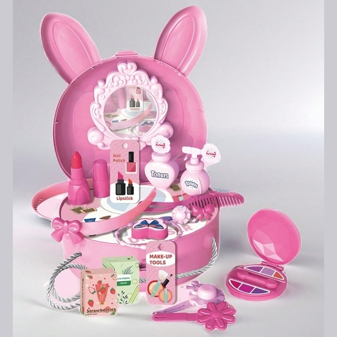 Bunny Rabbit Carry Case Travel Dresser Bag Beauty Station 23 Piece Play Set with Shoulder Strap - Pink - Easter Toys & Gift