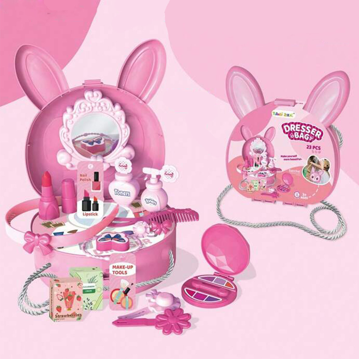 Bunny Rabbit Carry Case Travel Dresser Bag Beauty Station 23 Piece Play Set with Shoulder Strap - Pink - Easter Toys & Gift