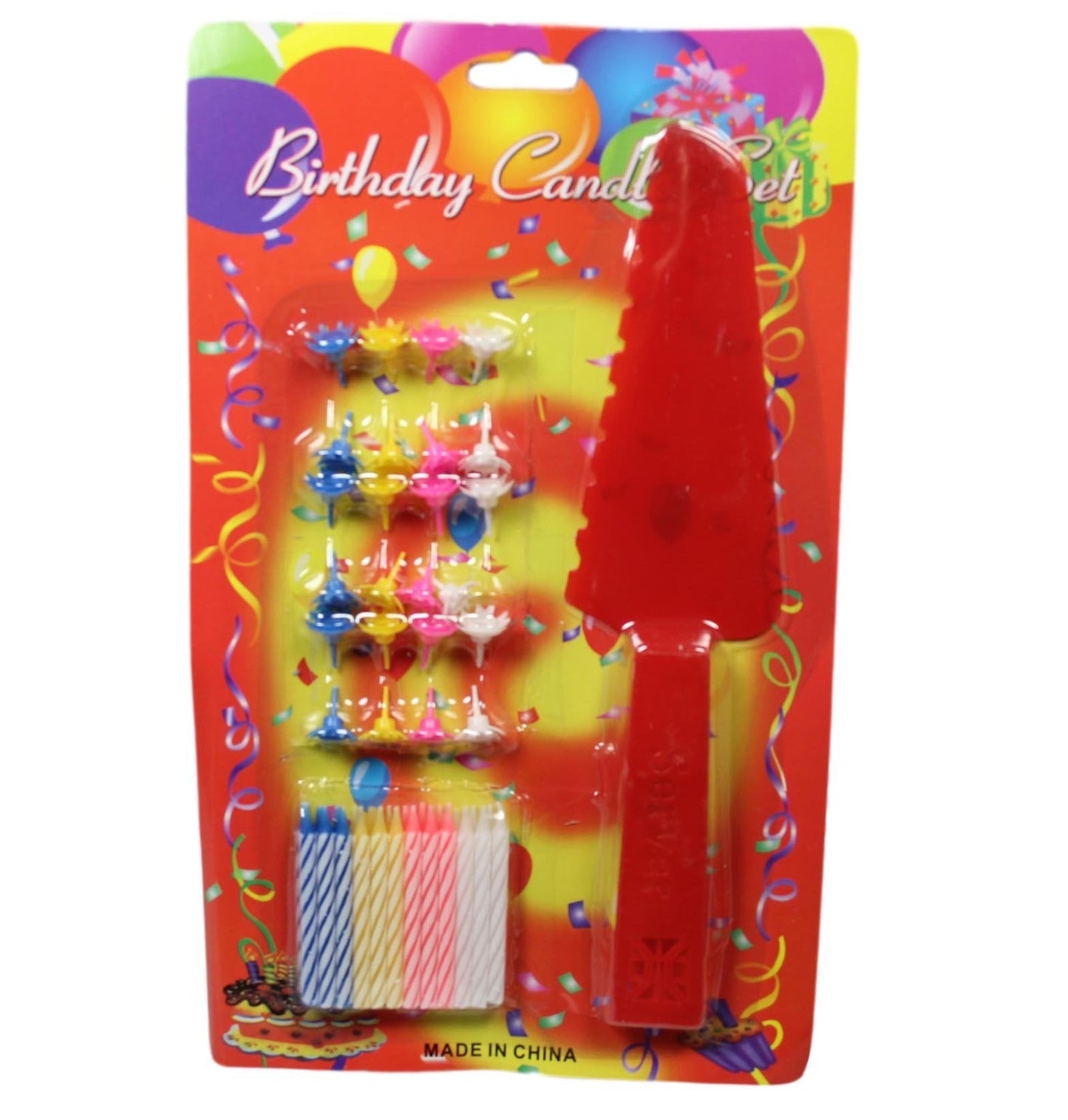 Happy Birthday Cake Candle Set with Plastic Cake Knife Server 24 Pack Assorted Colours 5292