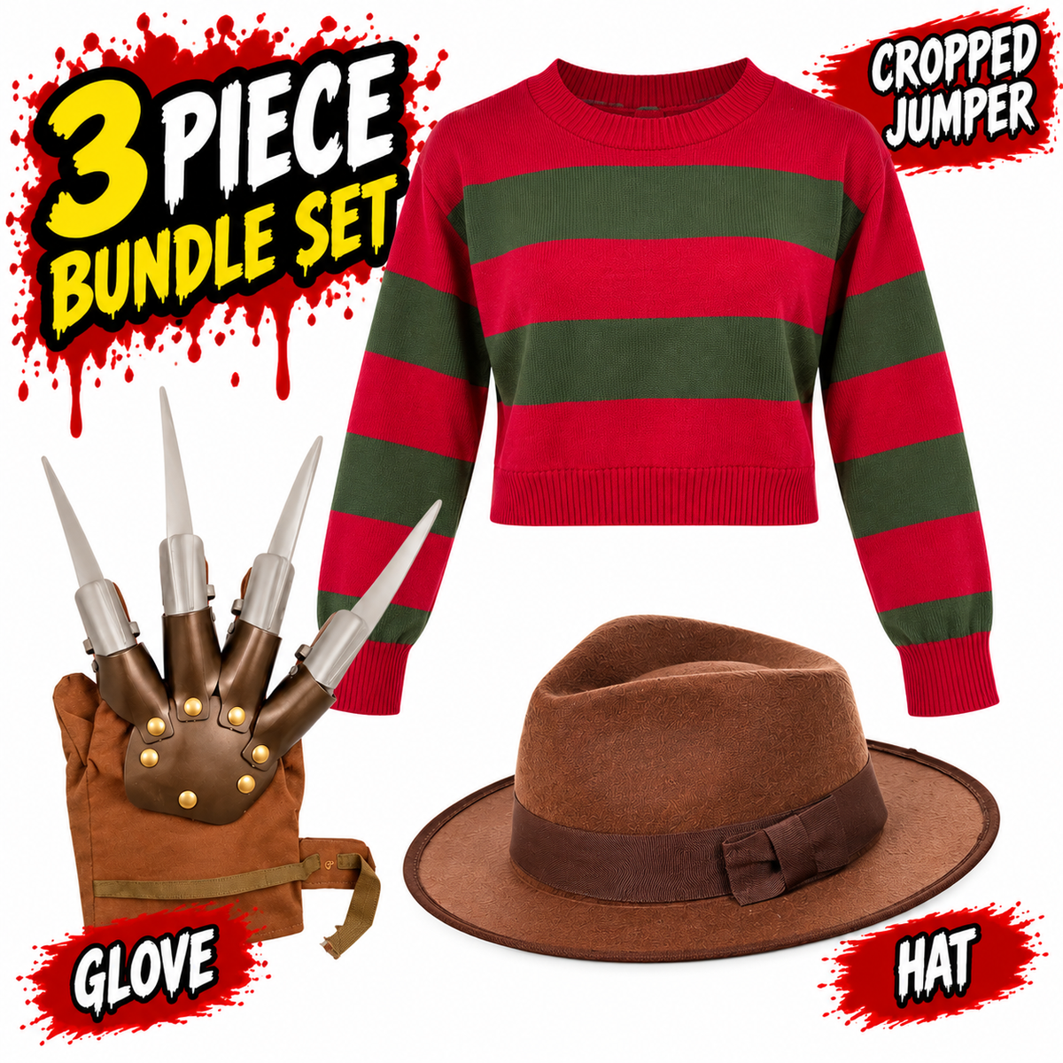 Ladies Freddy Krueger Halloween Fancy Dress 3 Piece Bundle Set