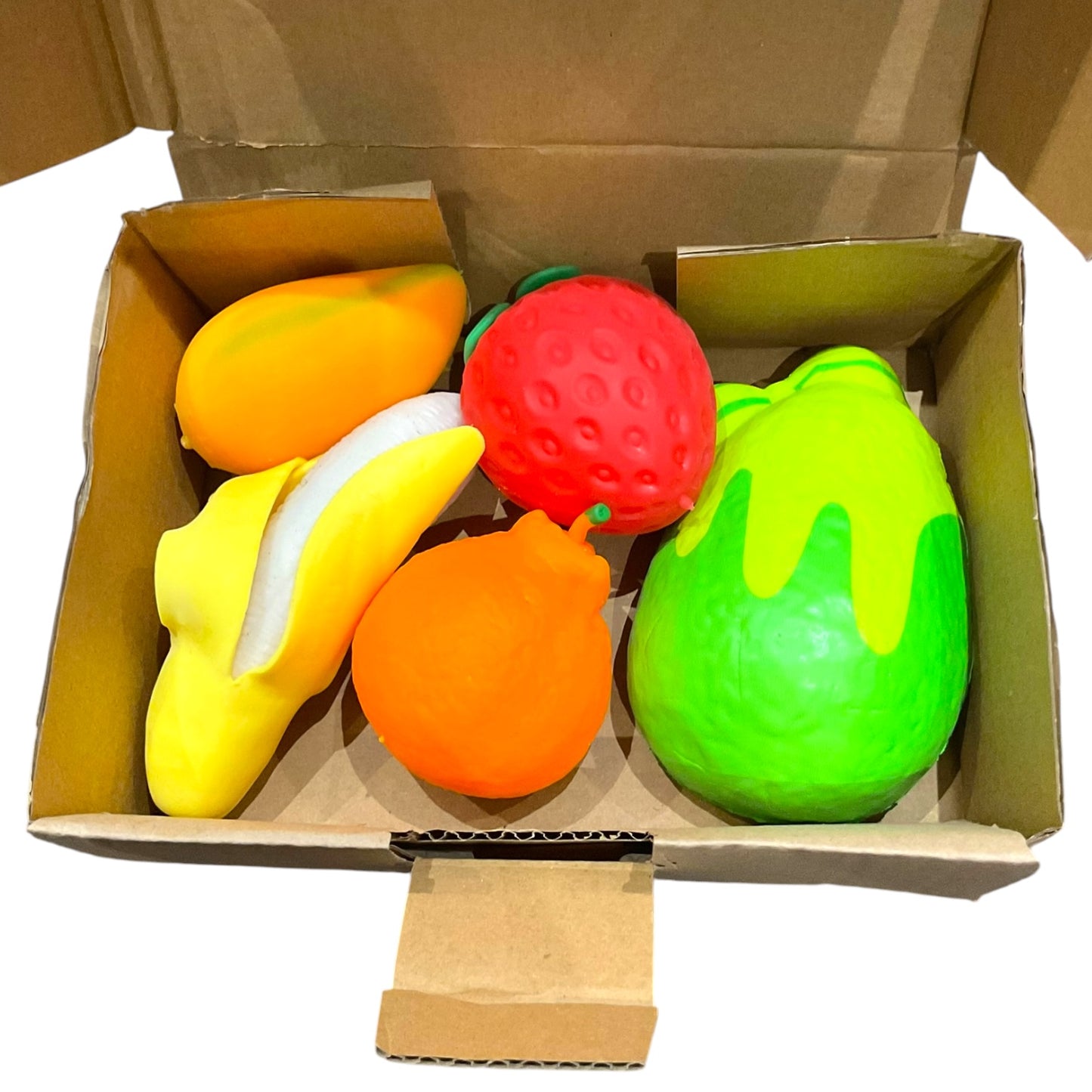 Squishy Fruit Box Bundle - 5 Assorted Squish Fruit Toys , Sensory, Fidget, Viral Trending