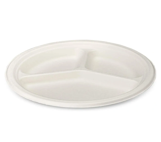 Disposable Compostable Eco-Bio Bagasse Sugarcane 3 Compartment Plates 10" Pack of 50 EC0126