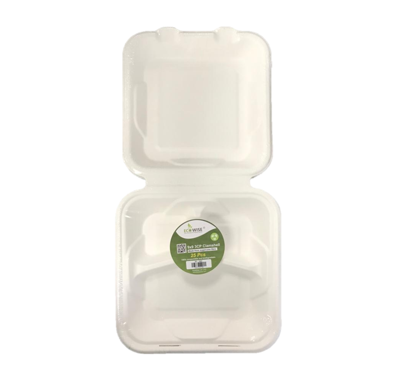 Disposable Compostable Eco-Bio Bagasse Sugarcane Clamshell Burger Box 3 Compartment 23 x 23 cm Pack of 25 EC1895