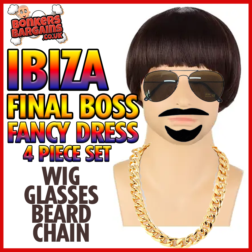 Ibiza Final Boss Fancy Dress Set - Wig, Glasses, Beard & Chain