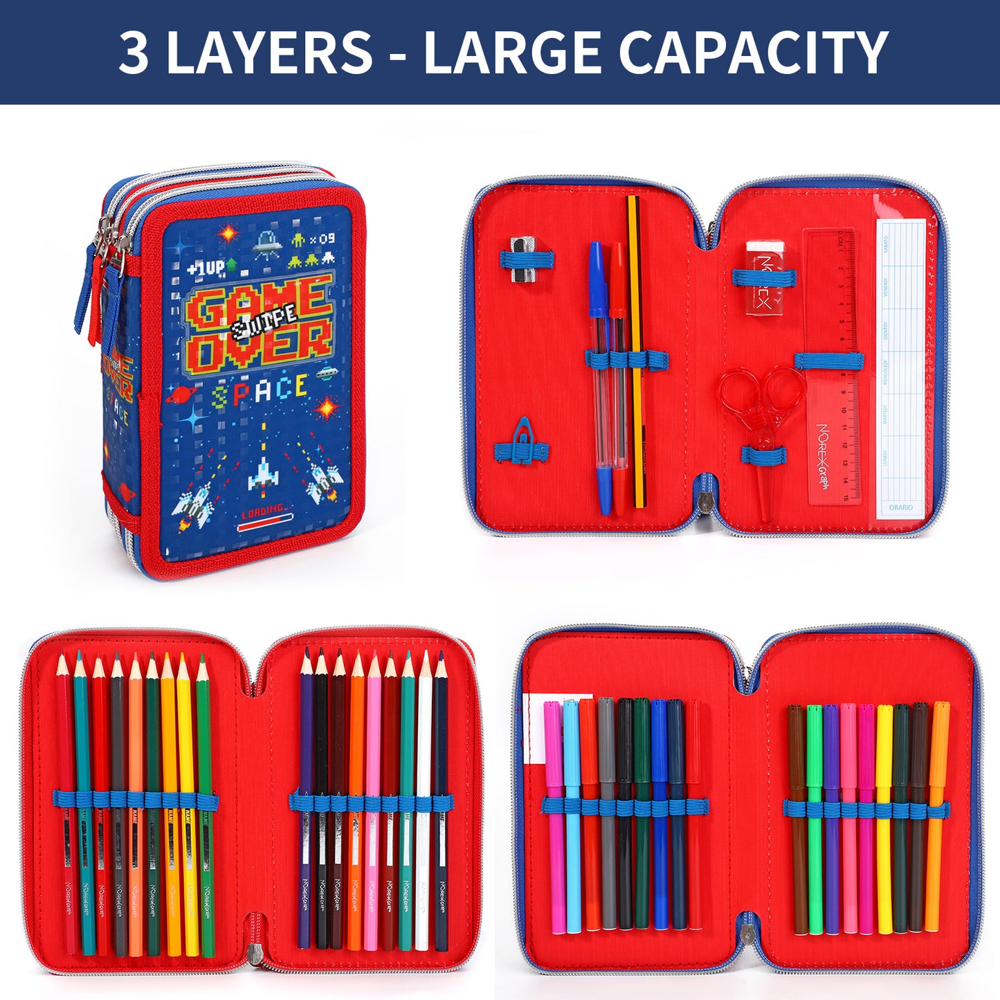 Gaming Style Jumbo Pencil Case & Stationery Set with 3 Zip Divider