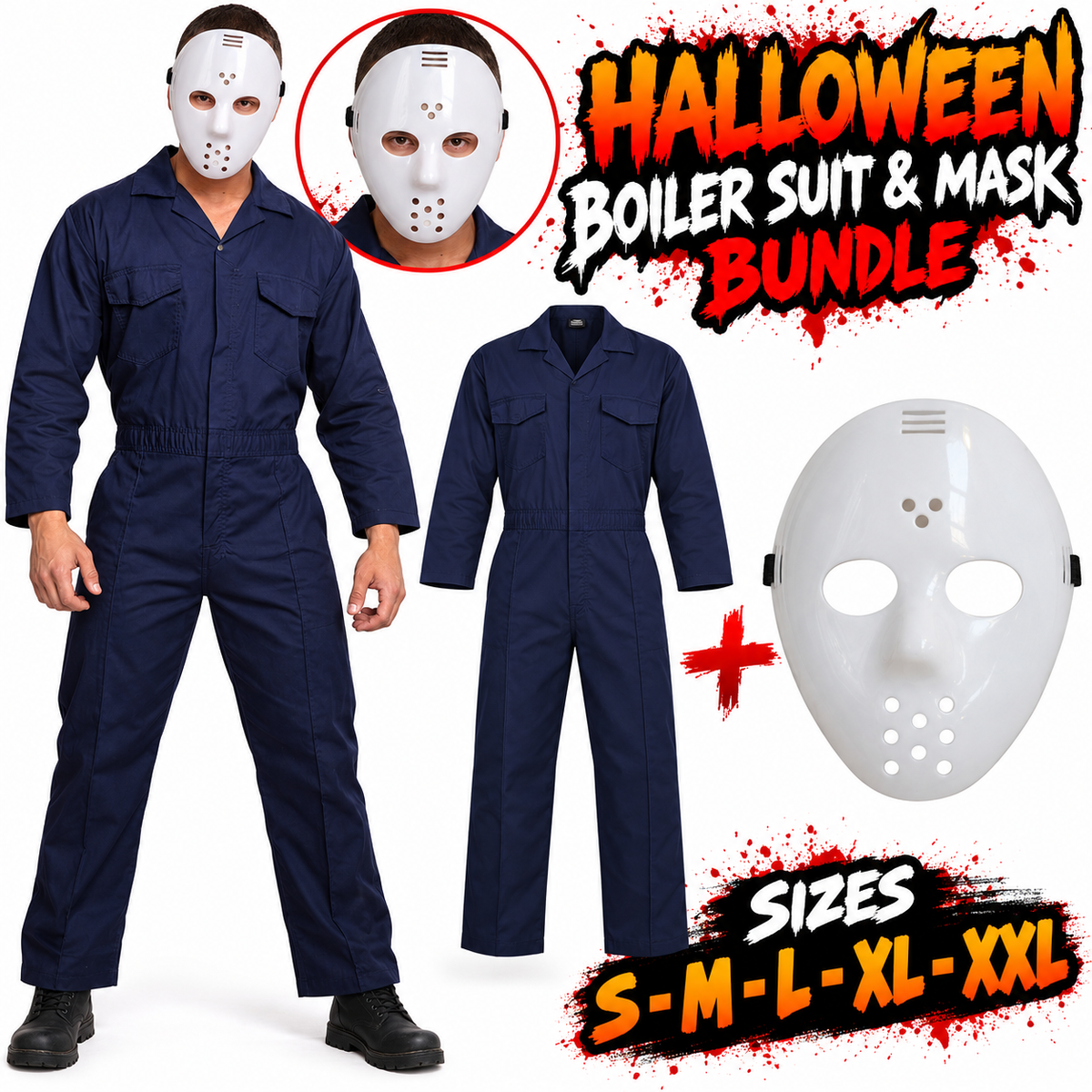 Men's Slim Shady Style Halloween Fancy Dress Costume Boiler Suit Overalls & Mask Bundle