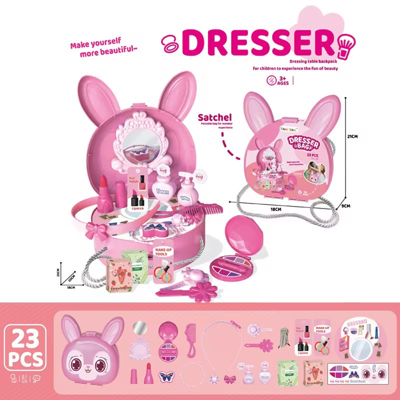 Bunny Rabbit Carry Case Travel Dresser Bag Beauty Station 23 Piece Play Set with Shoulder Strap - Pink - Easter Toys & Gift
