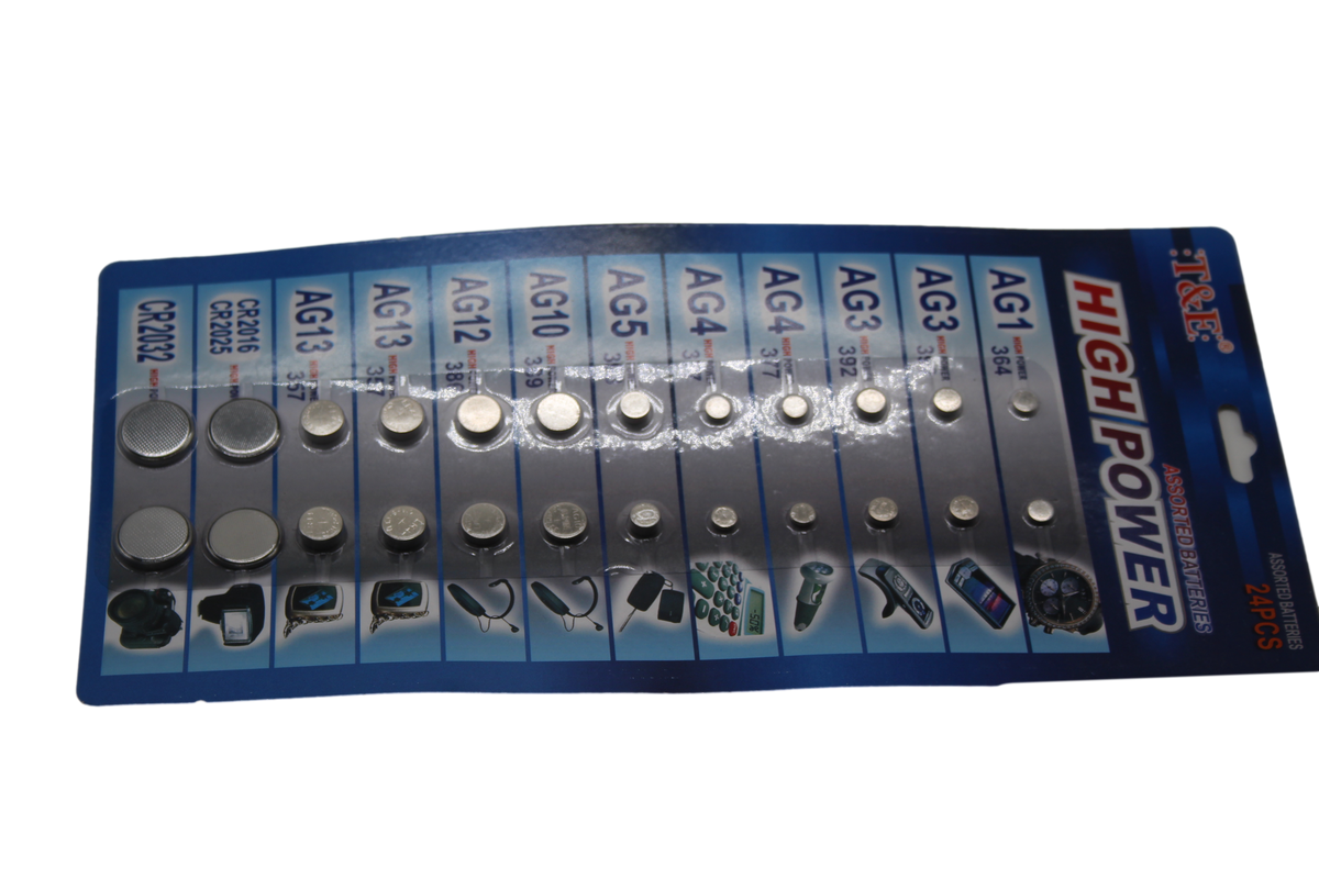 T&E 24 Assorted Flat Button Batteries On 1 Single Card 15 X 30Cm