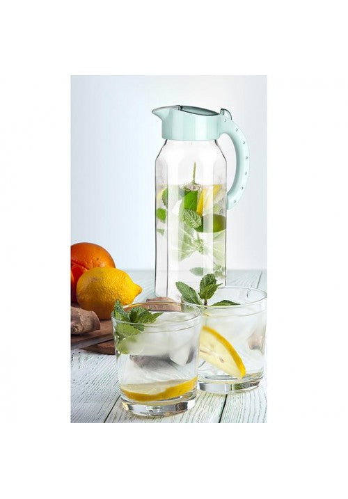 TTZ Ala Glass Water Drinking Jug with Long Plastic Handle and Attached Lid 1.5L Assorted Colours KC102