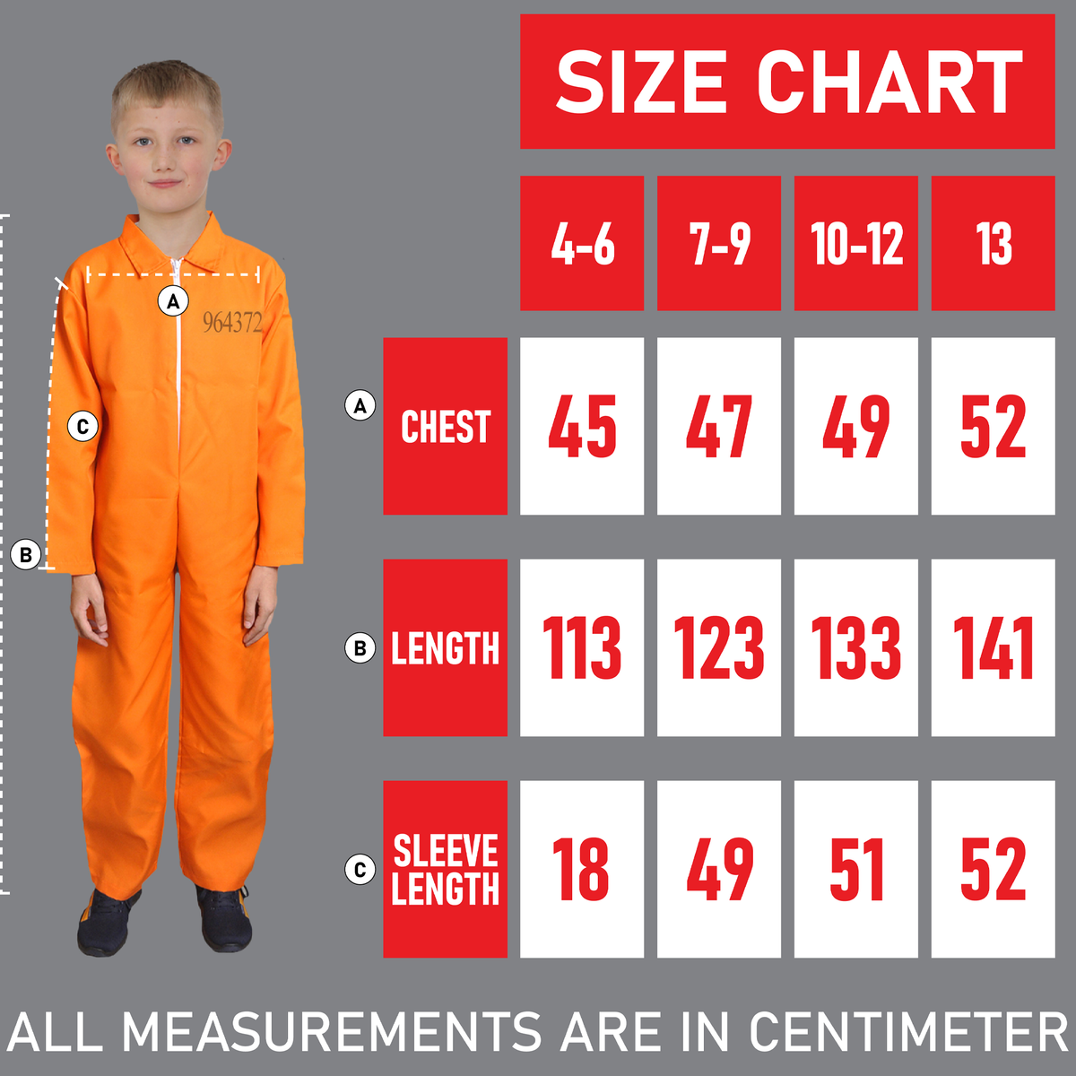 Children's Orange Prisoner Coverall Jumpsuit Halloween Fancy Dress