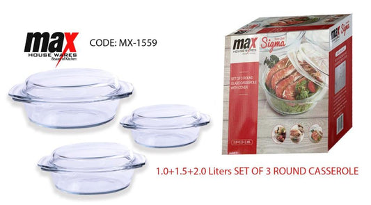 Set Of 3 Round Casserole Dishes With Lids 1.0L+1.5L+2.0L MX1559