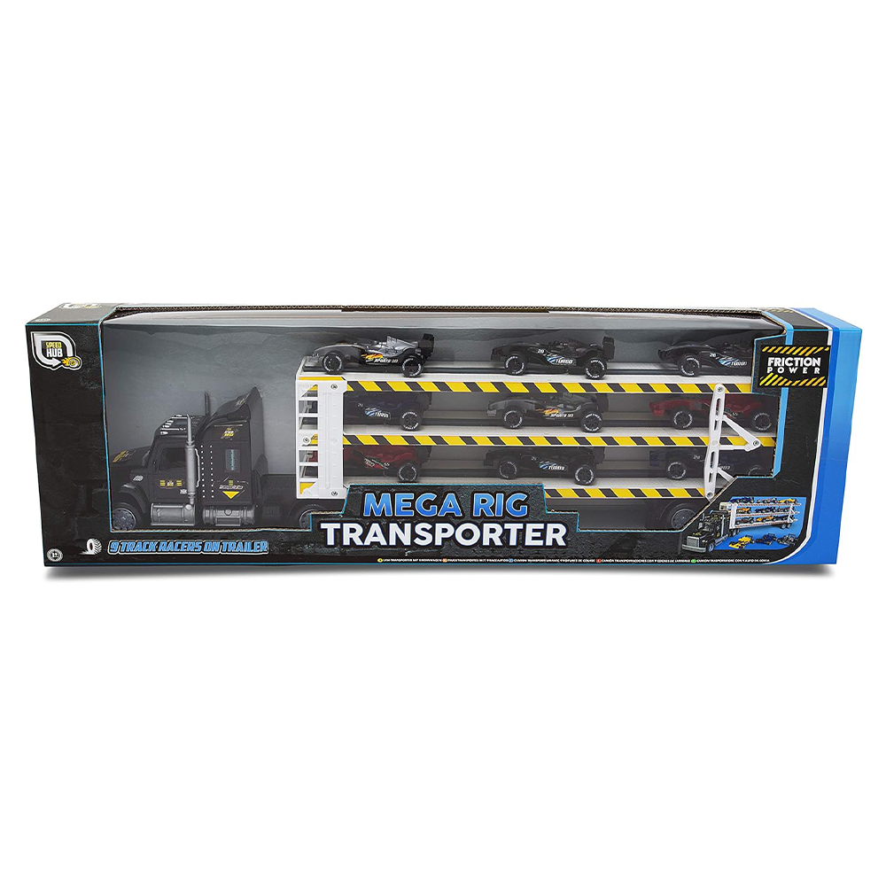 Mega Rig Friction Powered Transporter Trailer Truck with 9 Track Racer Cars