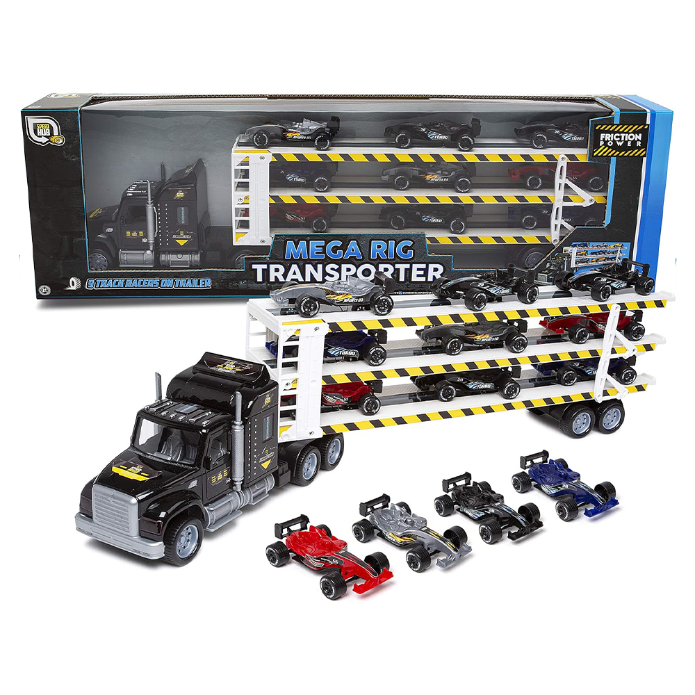 Mega Rig Friction Powered Transporter Trailer Truck with 9 Track Racer Cars