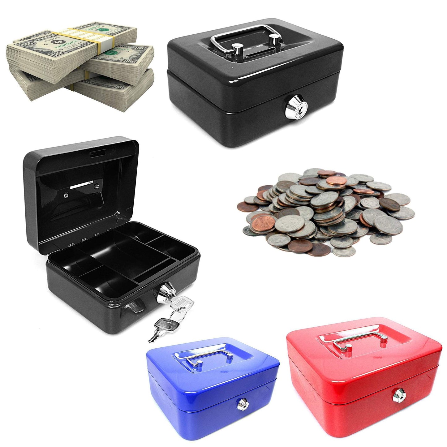 Metal Cash Deposit Money Box with Tray & 2 Keys 10" Assorted Colours 0199