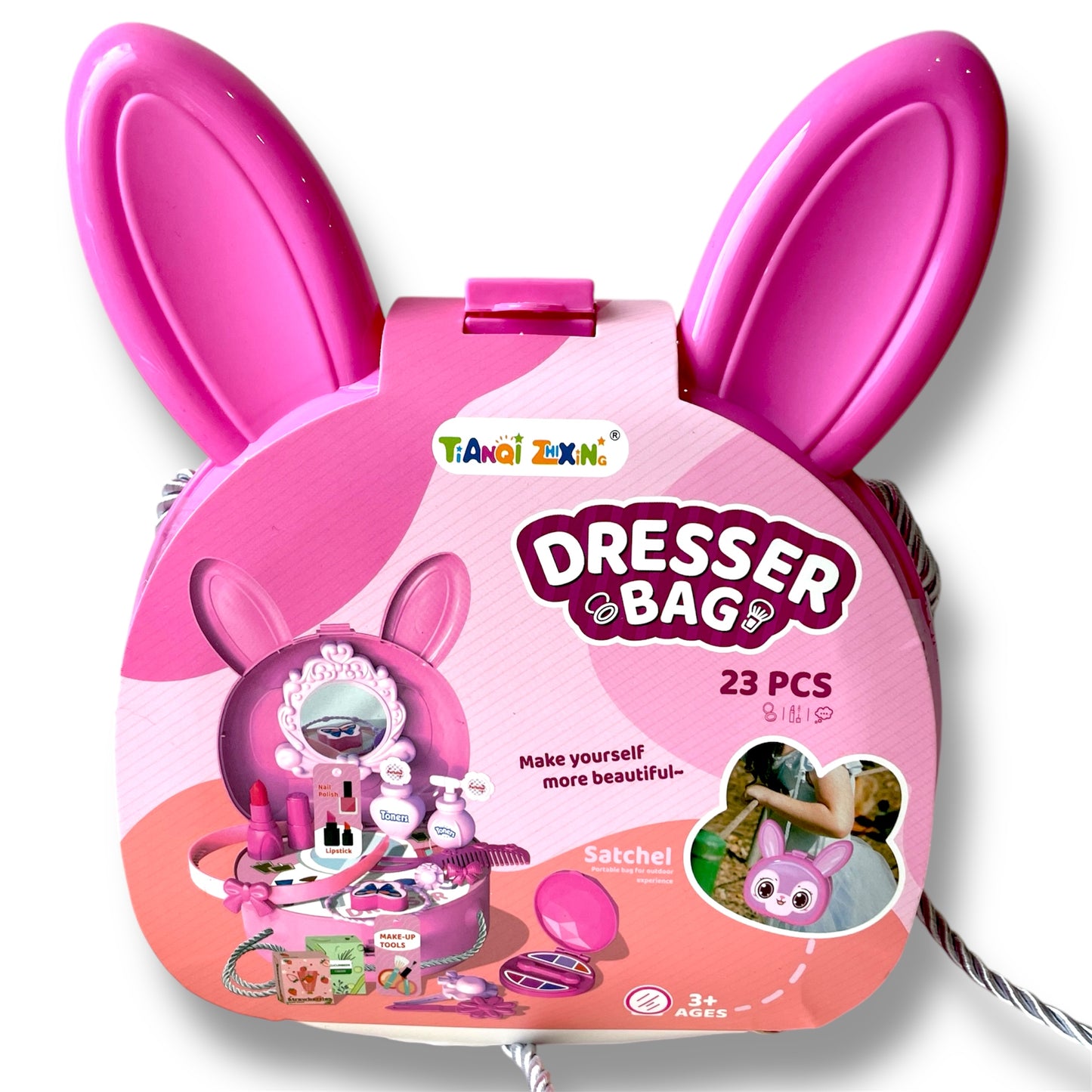 Bunny Rabbit Carry Case Travel Dresser Bag Beauty Station 23 Piece Play Set with Shoulder Strap - Pink - Easter Toys & Gift