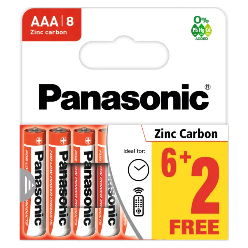 8x Panasonic AAA Batteries Zinc Carbon R03 1.5V Battery PANAR03RB8HH A