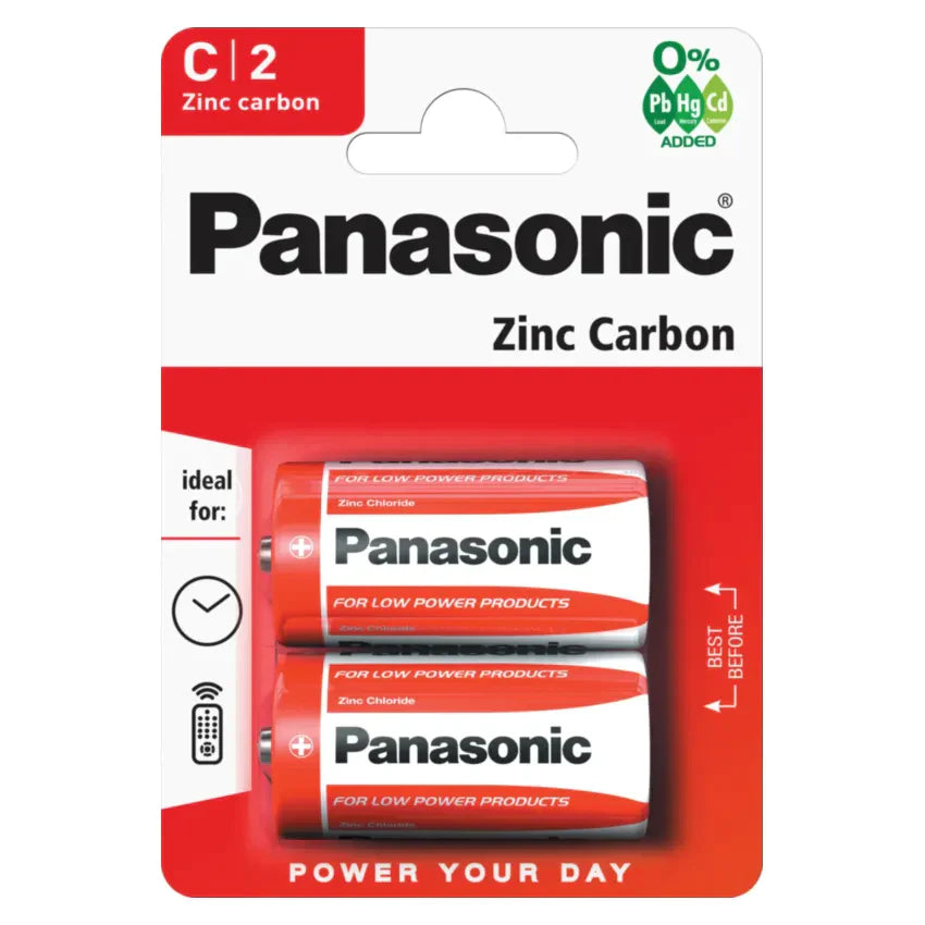 2x Panasonic C Batteries Zinc Carbon R14 1.5V Battery PANAR14RB2 A