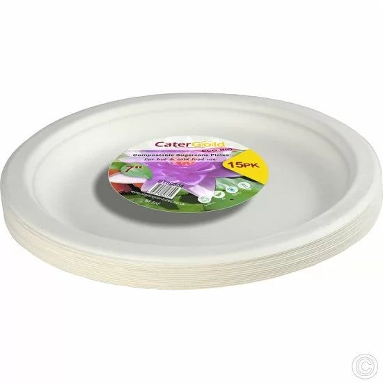 Disposable Compostable Eco-Bio Bagasse Sugarcane Plates 7" Pack of 15 ST80364