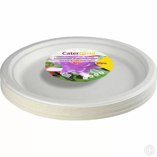 Disposable Compostable Eco-Bio Bagasse Sugarcane Plates 9" Pack of 25 ST80366