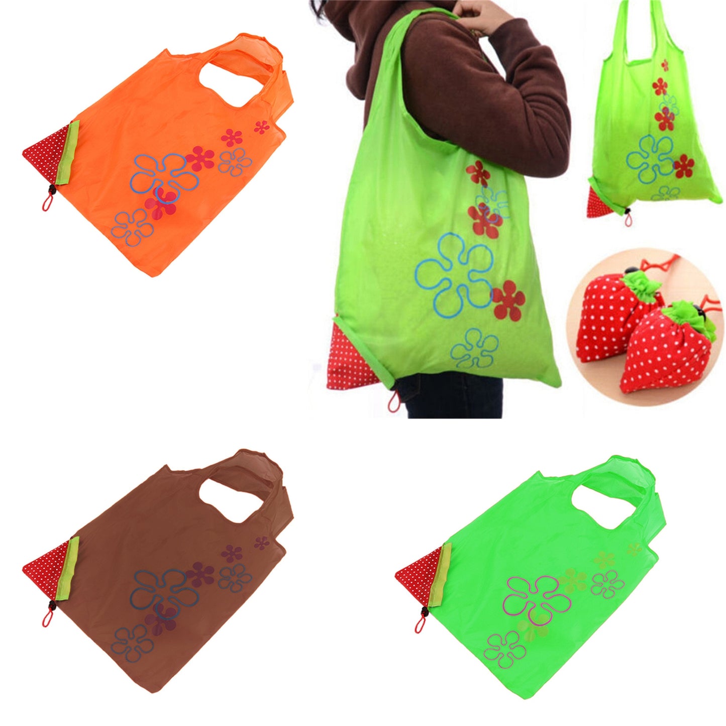 Foldable Expandable Strawberry Shopping Carrier Bag 37 x 35cm Assorted Colours 1113