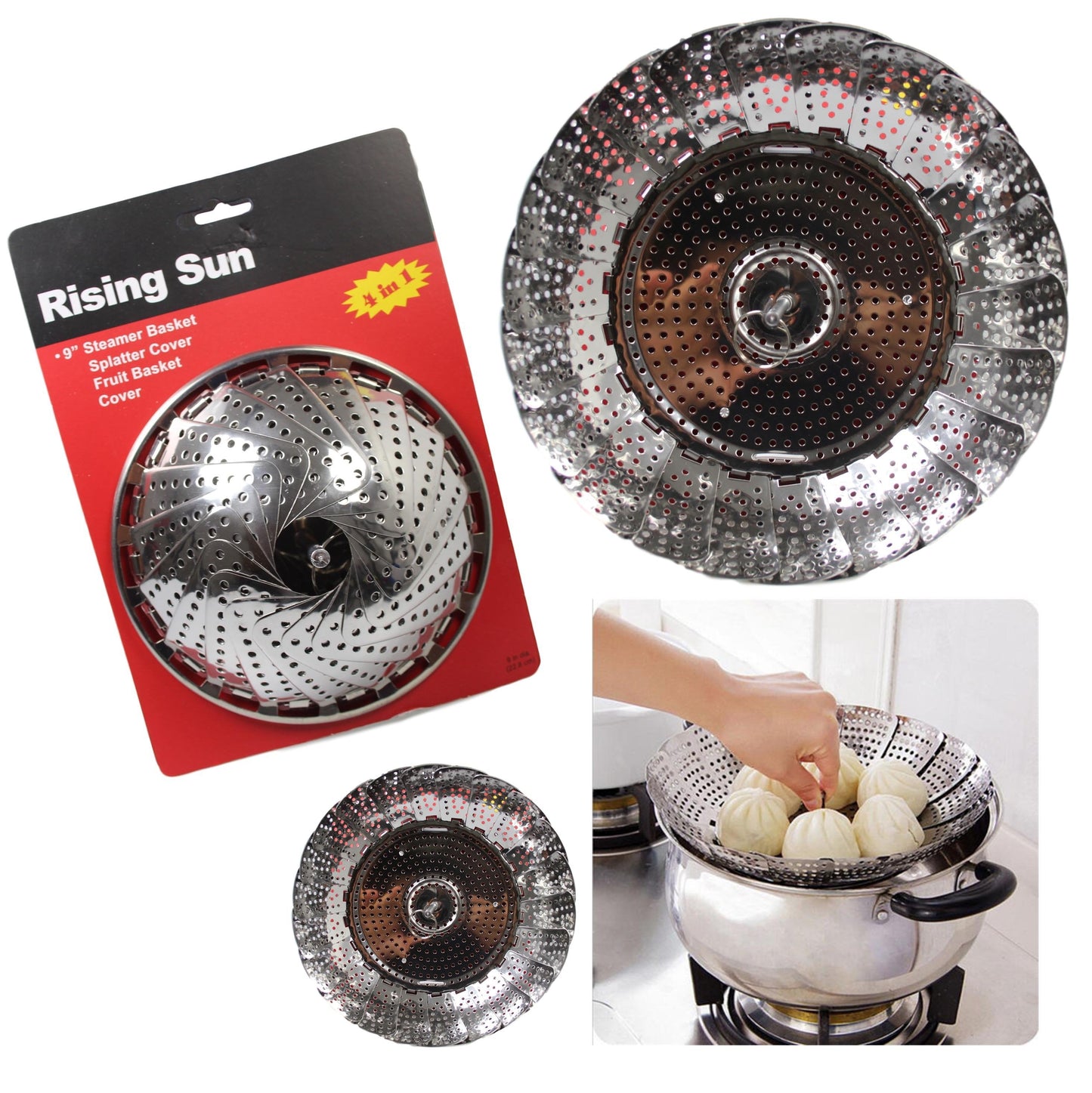 Vegetable Steamer Food Basket Bowl Cooker Strainer Stainless Folding Mesh Dish 9'' 5207