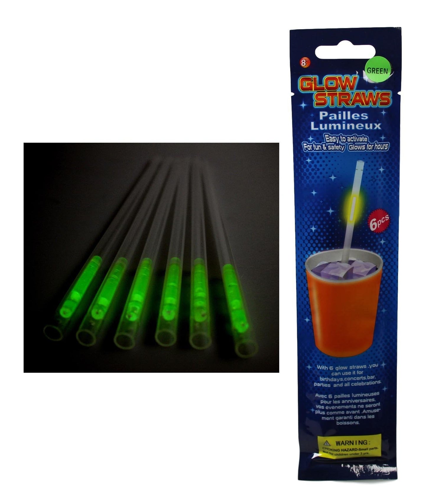 Glow In The Dark Plastic Straws Pack of 6 Assorted Colours 5257