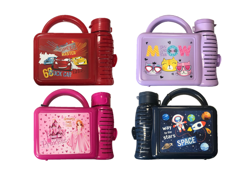 Tuffex Plastic Children's Lunch Box with Water Bottle 7.5 x 21.5 x 19.5 cm Assorted Designs 10761 / TP529