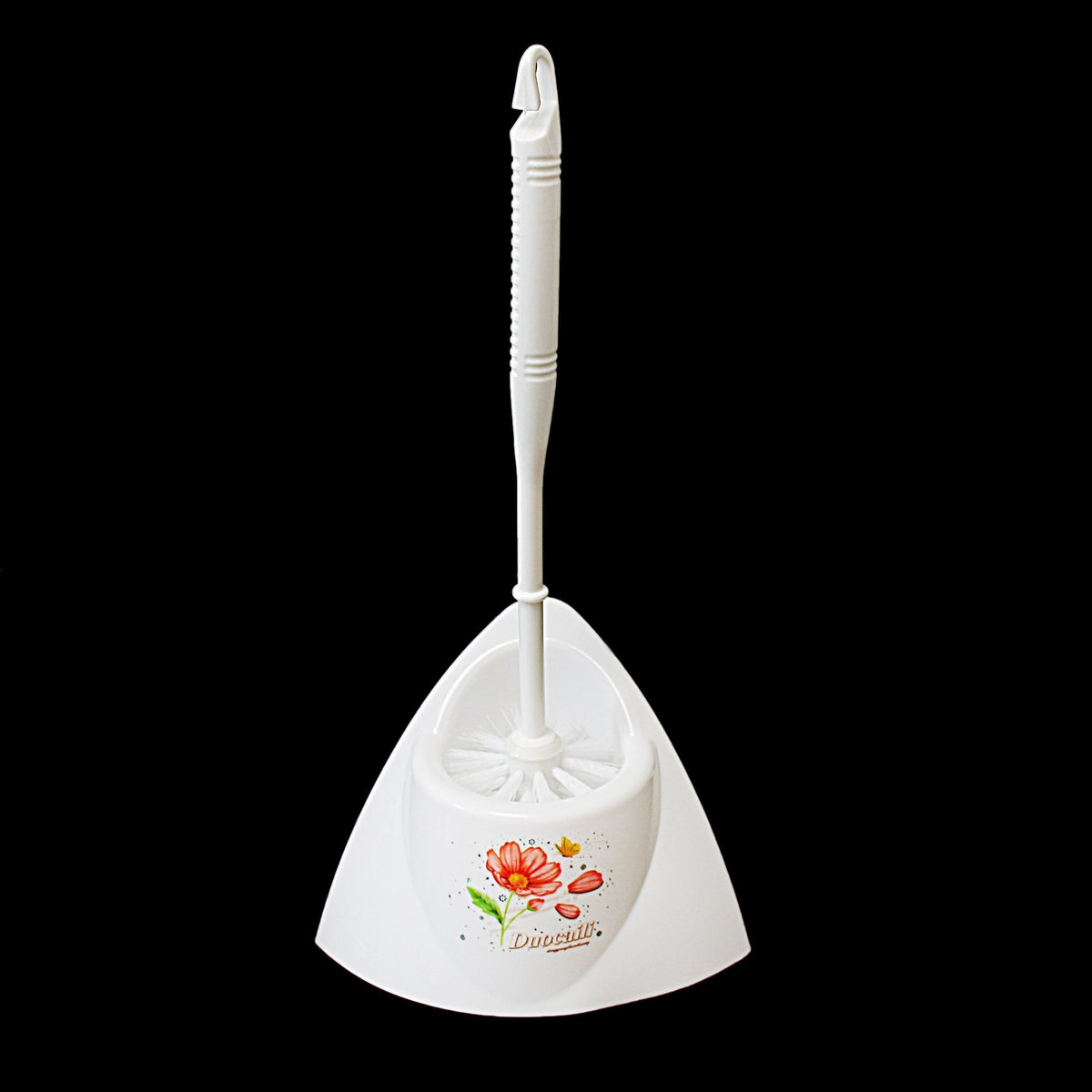 White Plastic Corner Toilet Brush With Stand Floral Print