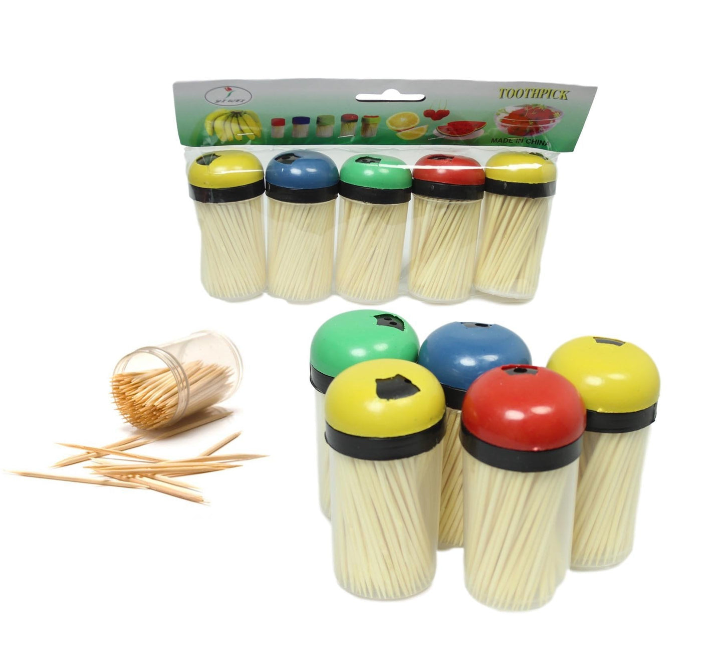 Plastic Toothpick Holder with Toothpicks Pack of 5 Assorted Colours 5354