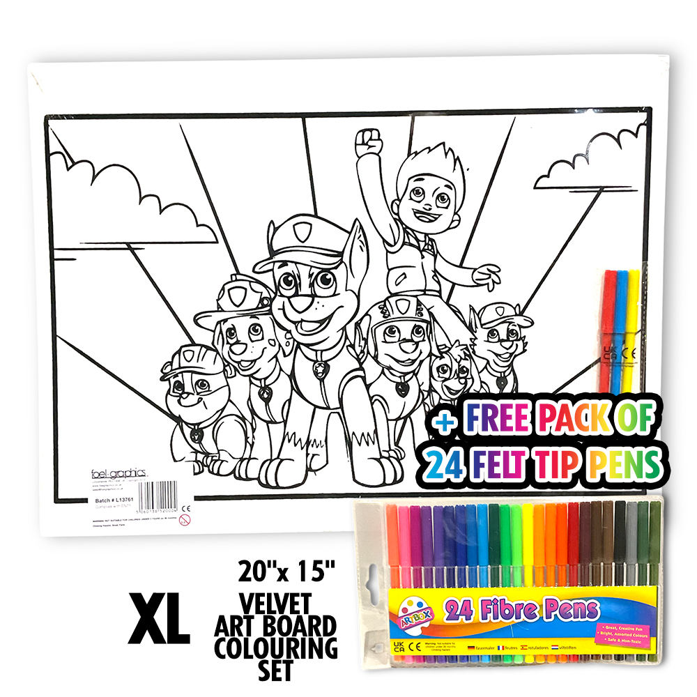 Paw Patrol Giant XL Velvet Art Board Set + Free 24 Pack of Felt Tip Pens
